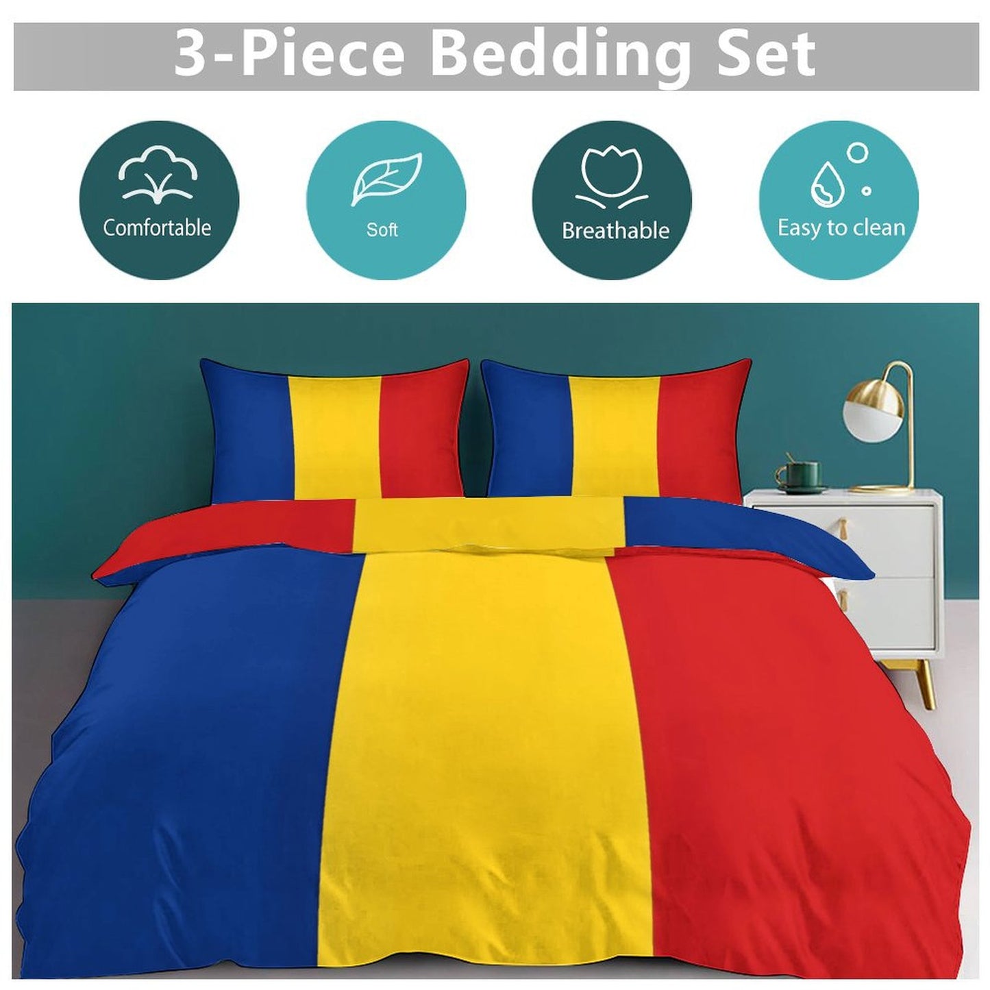 Romania Flag Inspired 3-Piece Bedding Set (1 Duvet Cover + 2 Pillow Shams) – 102"×90"