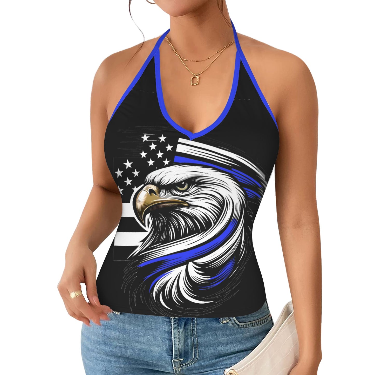 Thin Blue Line Flag Inspired Eagle V-neck Halter Open Back Tank Top