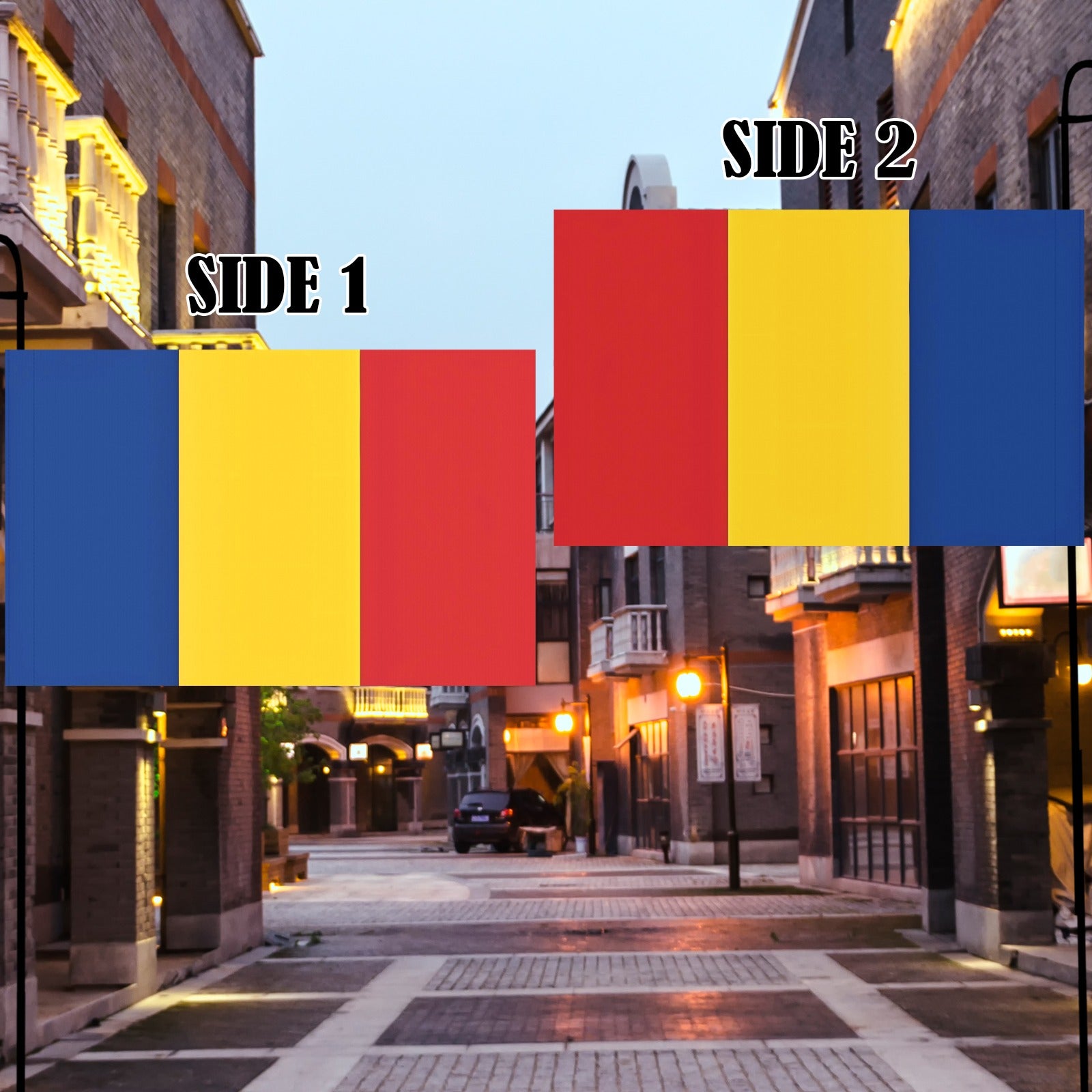 Dual-sided flags displayed on urban street, Luv My Flag.