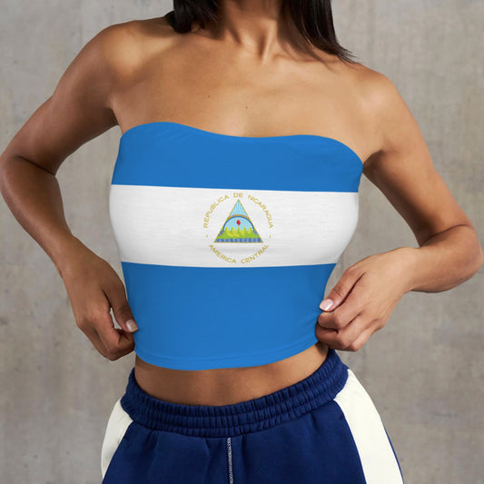 A woman wearing Nicaragua flag top from [Brand].
