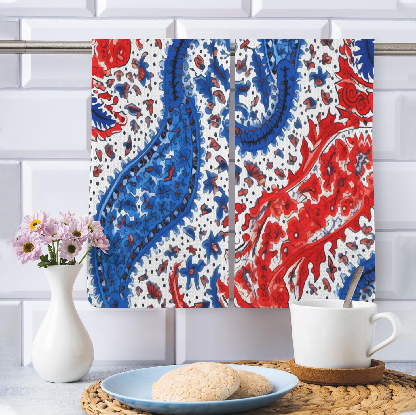 USA/American Flag Inspired Red, White & Blue Floral Paisley Pattern Kitchen Towel 40X60cm (Pack of 2) (Made in the USA)