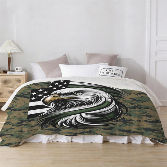 Thin Green Line Flag Inspired Eagle on Digital Camo Sherpa Fleece Blanket 90" x 108" | Prtinted in the USA