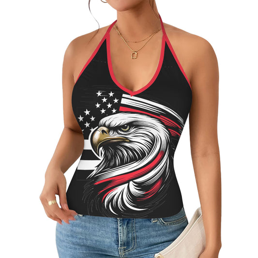 Thin Red Line Flag Inspired Eagle V-neck Halter Open Back Tank Top