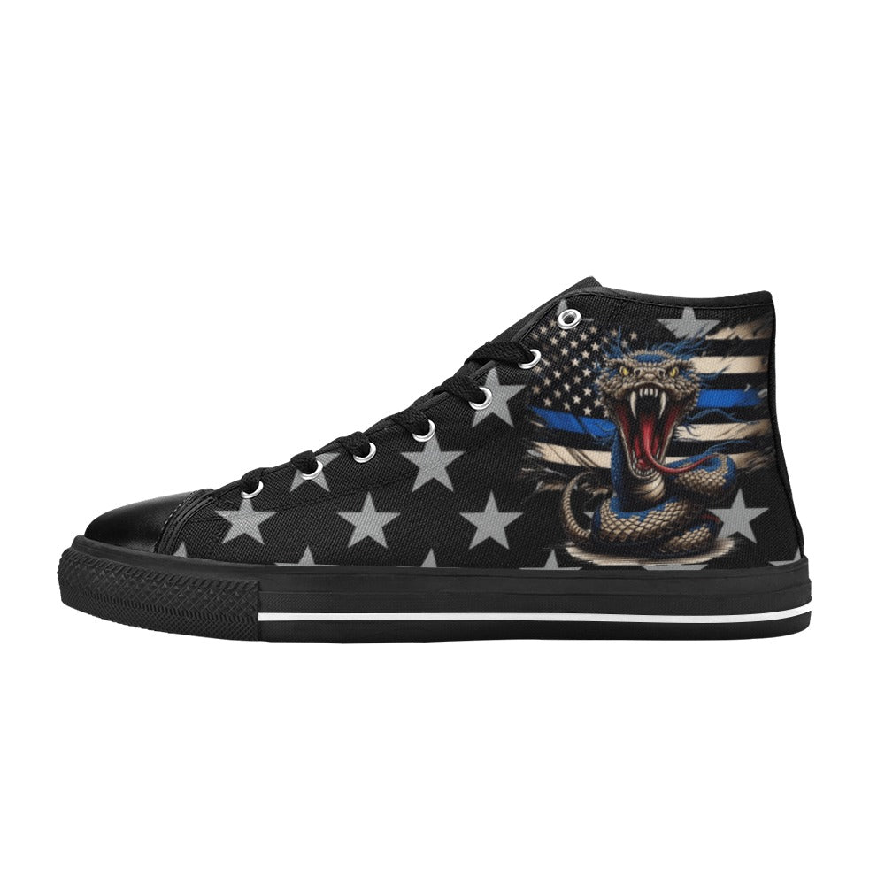 Thin Blue Line Flag Inspired Snake Kid's High Top Canvas Shoes