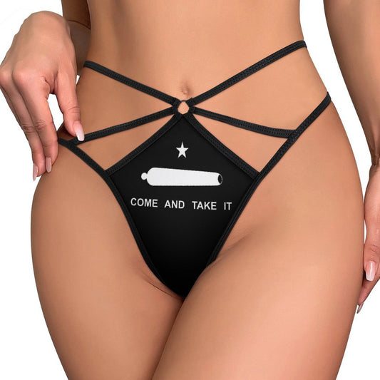 Black lingerie with straps featuring [Brand]'s "Come and Take It."