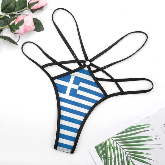 [Brand] blue and white geometric bikini with black straps.