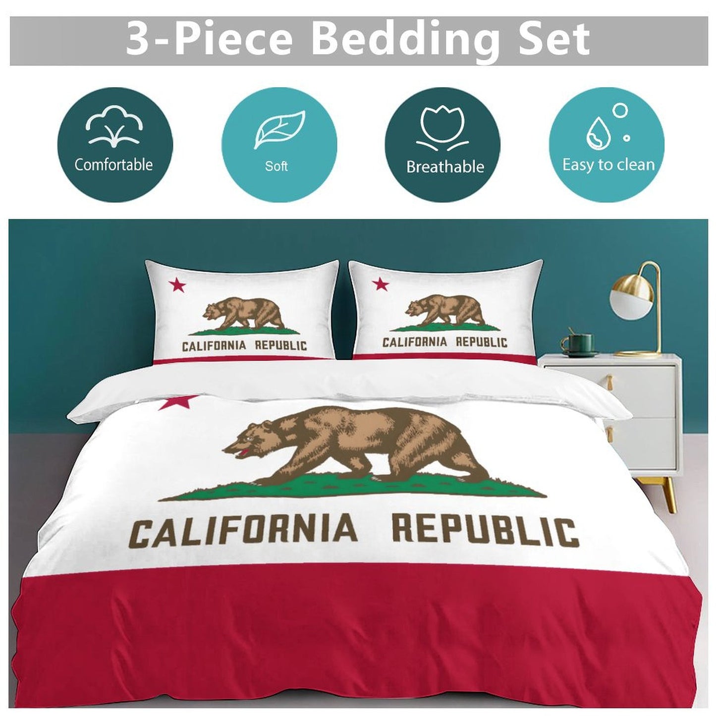 California Flag Inspired 3-Piece Bedding Set (1 Duvet Cover + 2 Pillow Shams) – 102"×90"