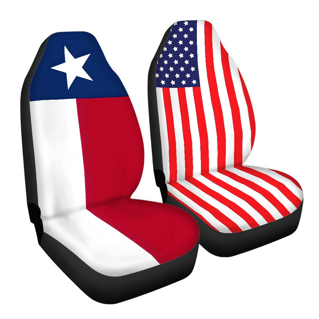 [Brand] car seat covers featuring Texas and American flags.