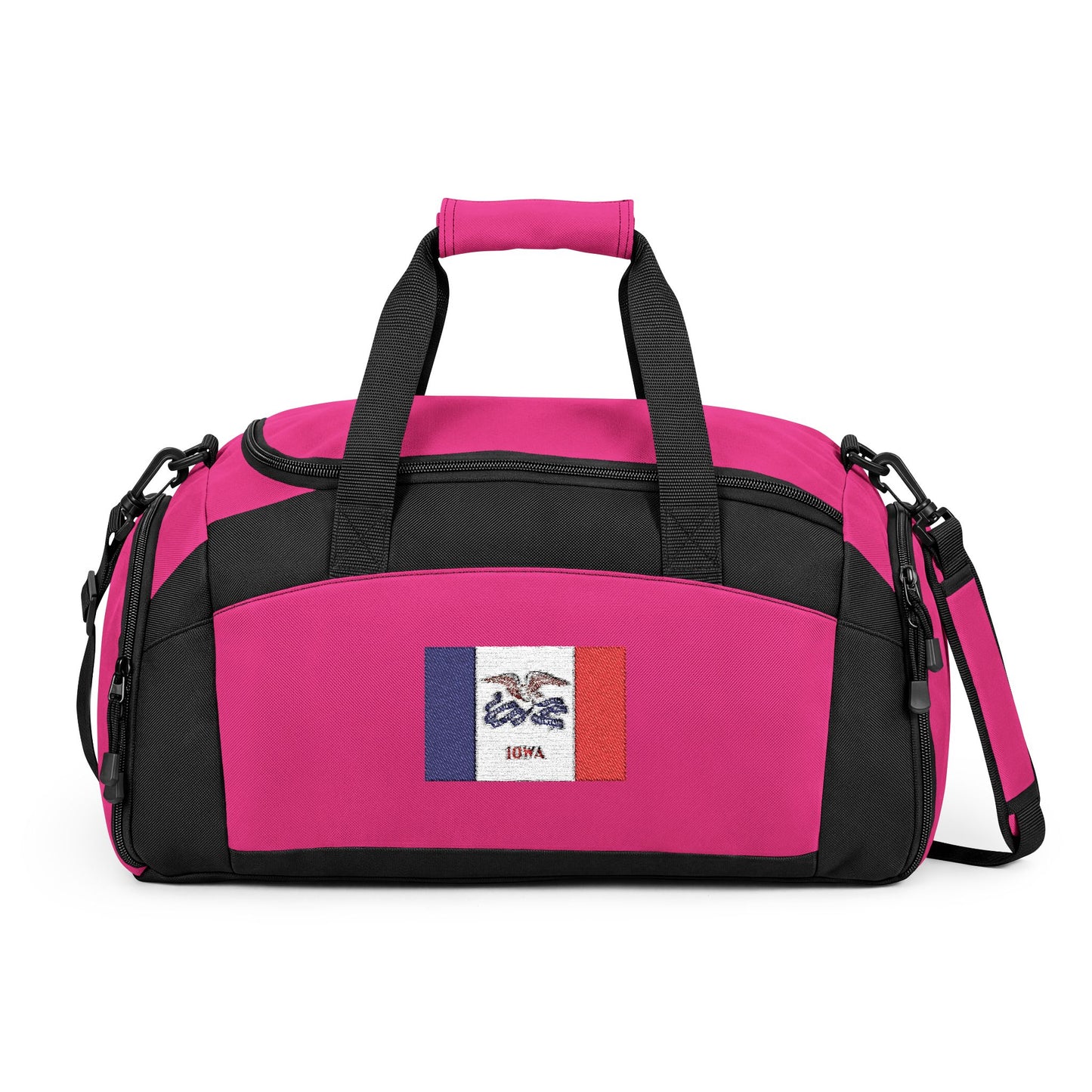 Iowa Flag Gym Bag — Black Duffle with Embroidered Iowa Flag