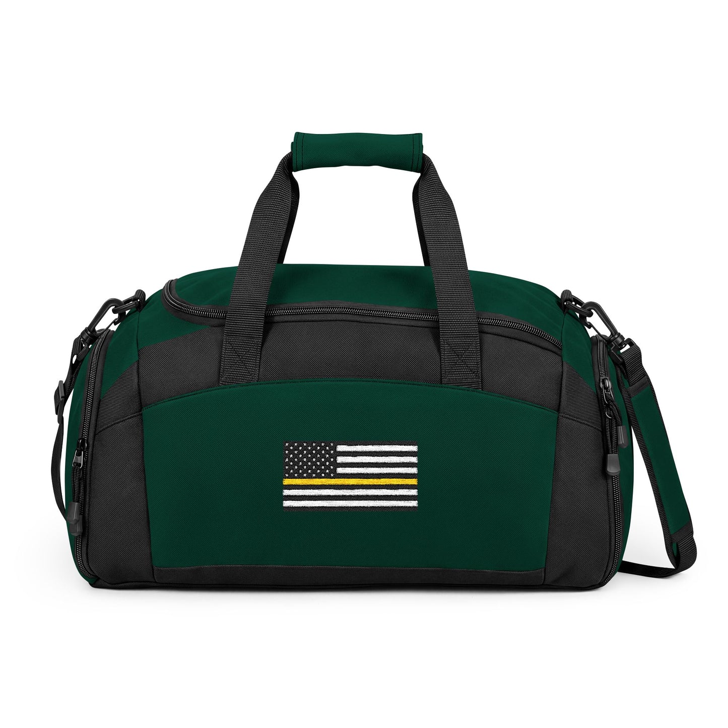 Thin Gold Line Flag Gym Bag — Black Duffle with Embroidered Thin Gold Line Flag