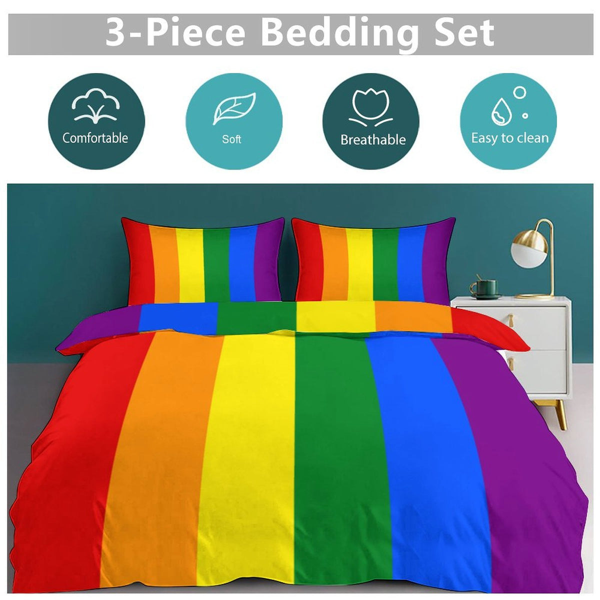 Rainbow Flag Inspired (Vertically Hung) 3-Piece Bedding Set (1 Duvet Cover + 2 Pillow Shams) – 102"×90"