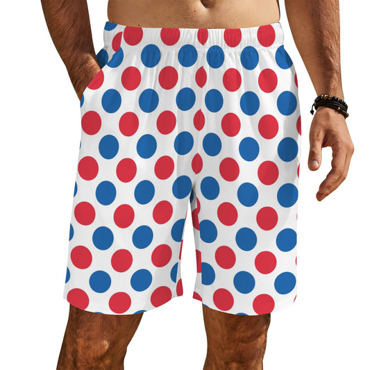 USA/American Flag Inspired Polka Dot Pattern Men’s Draw String Pocket Beach Shorts Printed in the USA