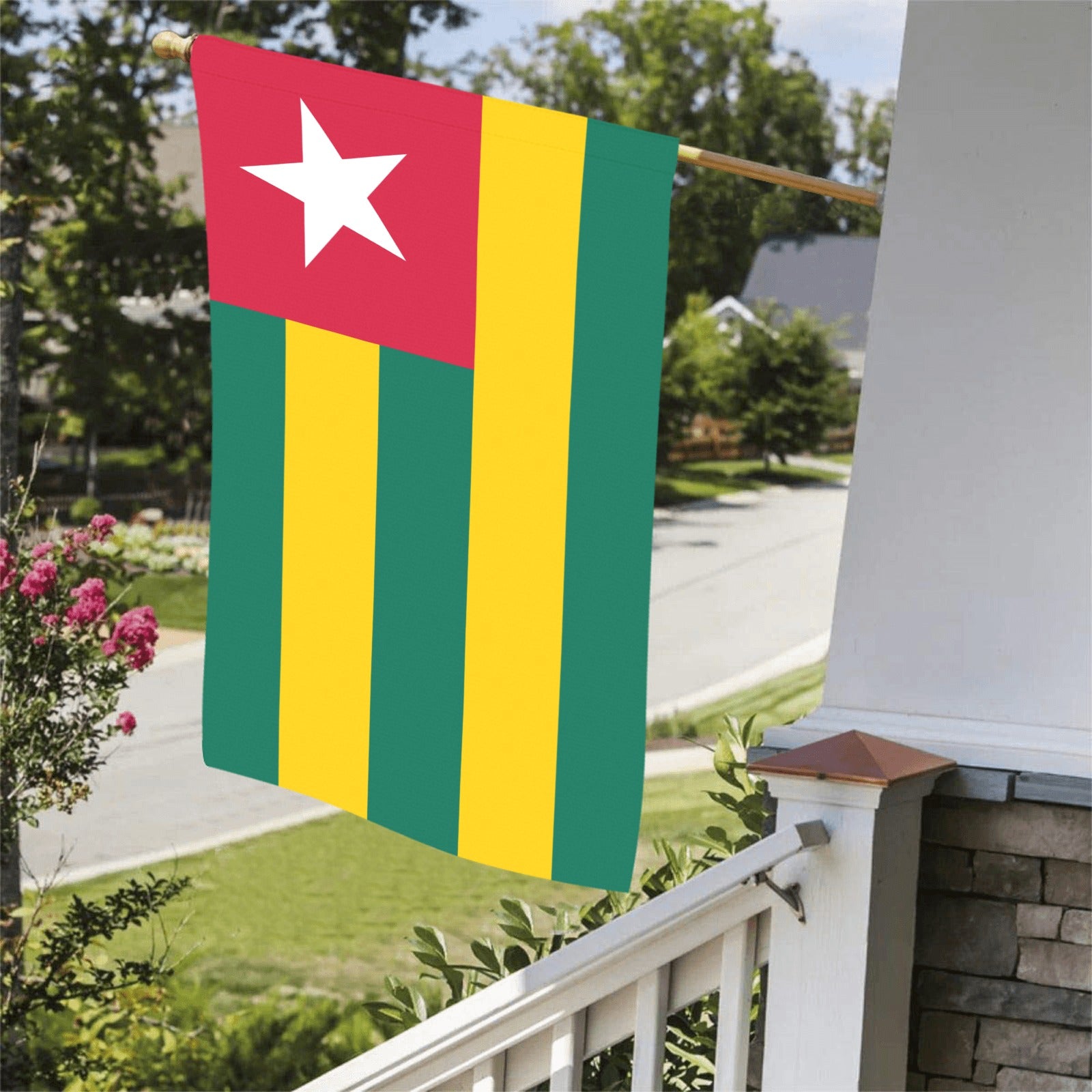 Flag with stripes and star displayed on porch, Luv My Flag.
