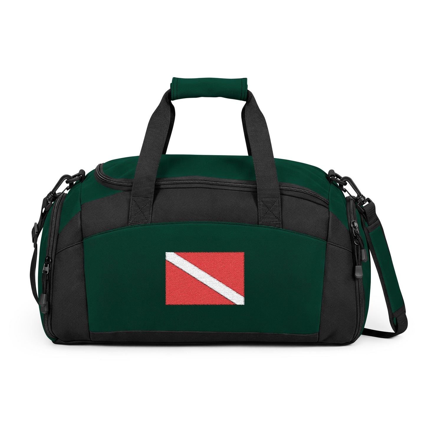 Diver Down Flag Gym Bag — Black Duffle with Embroidered Diver Down Flag