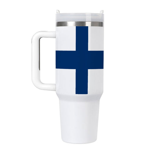 [Brand] white travel mug with blue Nordic cross design.