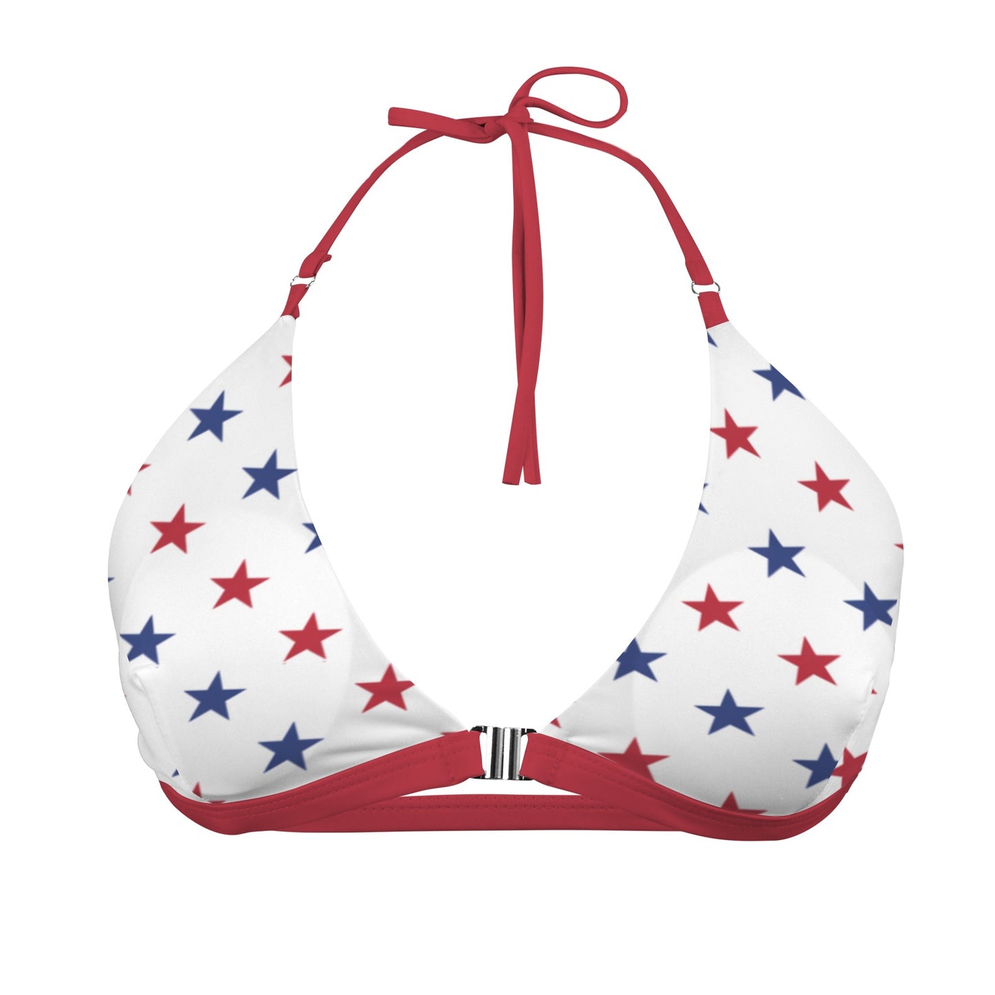 USA/American Flag Inspired Red & Blue Stars w/red string Halter Bikini Top (Front Buckle)