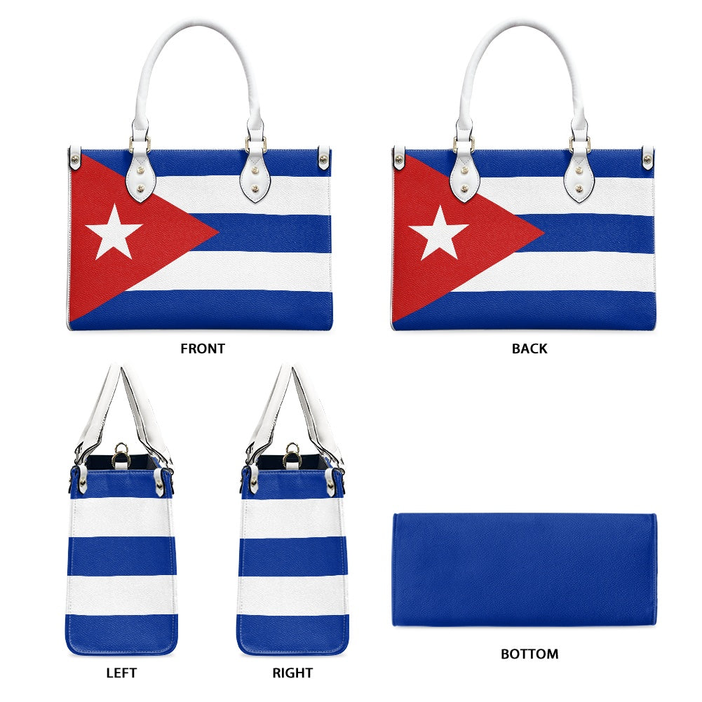 [Brand] handbag featuring Cuban flag design, five-angle view.