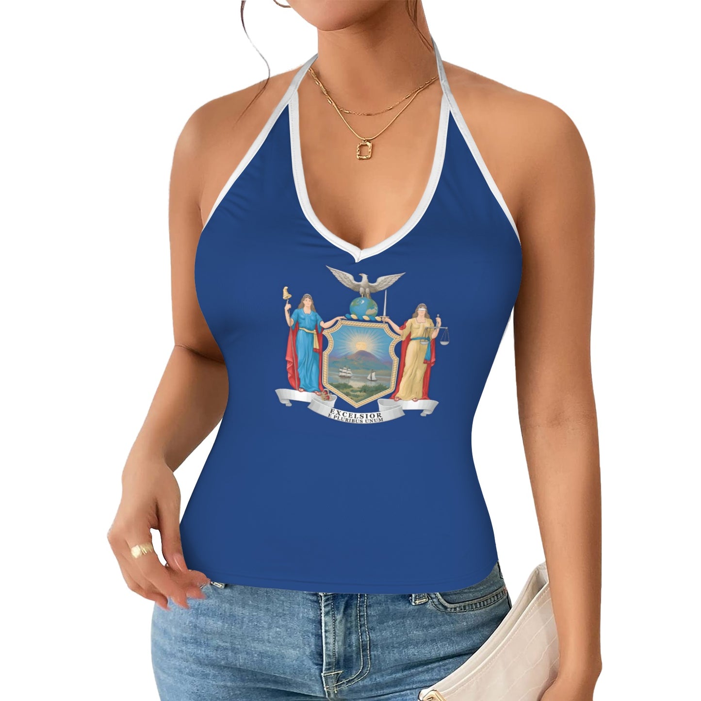 New York Flag Inspired V-neck Halter Open Back Tank Top