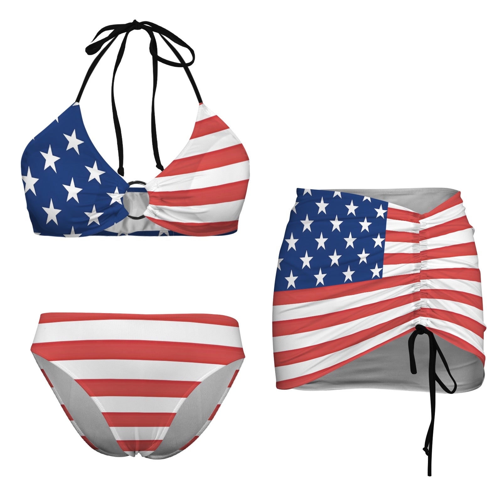[Brand] American flag bikini set with matching starry skirt.
