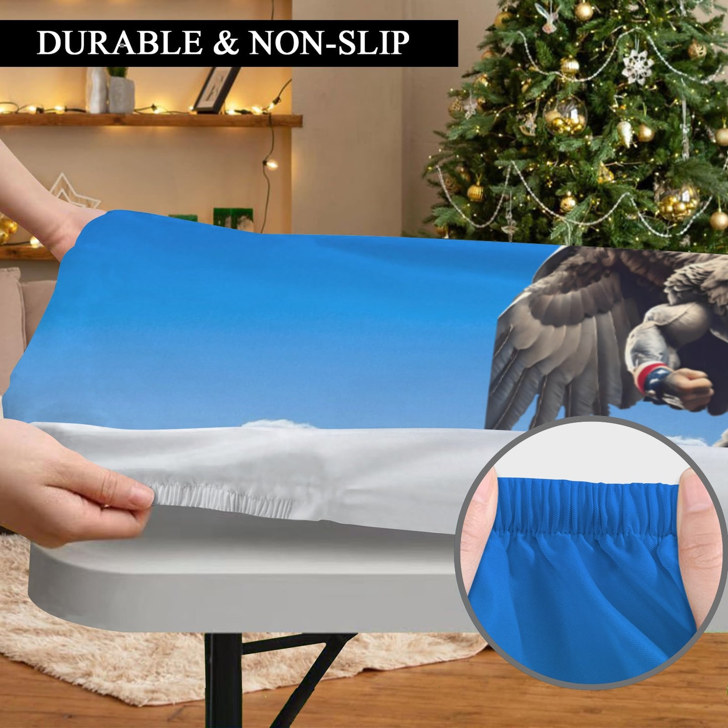 USA/American Flag Inspired Eagle with Cape in Clouds Custom Elastic Fitted Tablecloth 72x30 inch (Made in the USA)