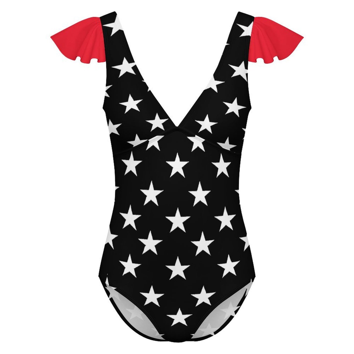 Thin Red Line Flag Inspired Women's V-neck Ruffle Sleeve One Piece Swimsuit