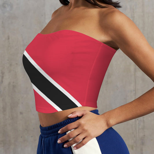 ![Brand] strapless top with diagonal stripes, worn with sweatpants.