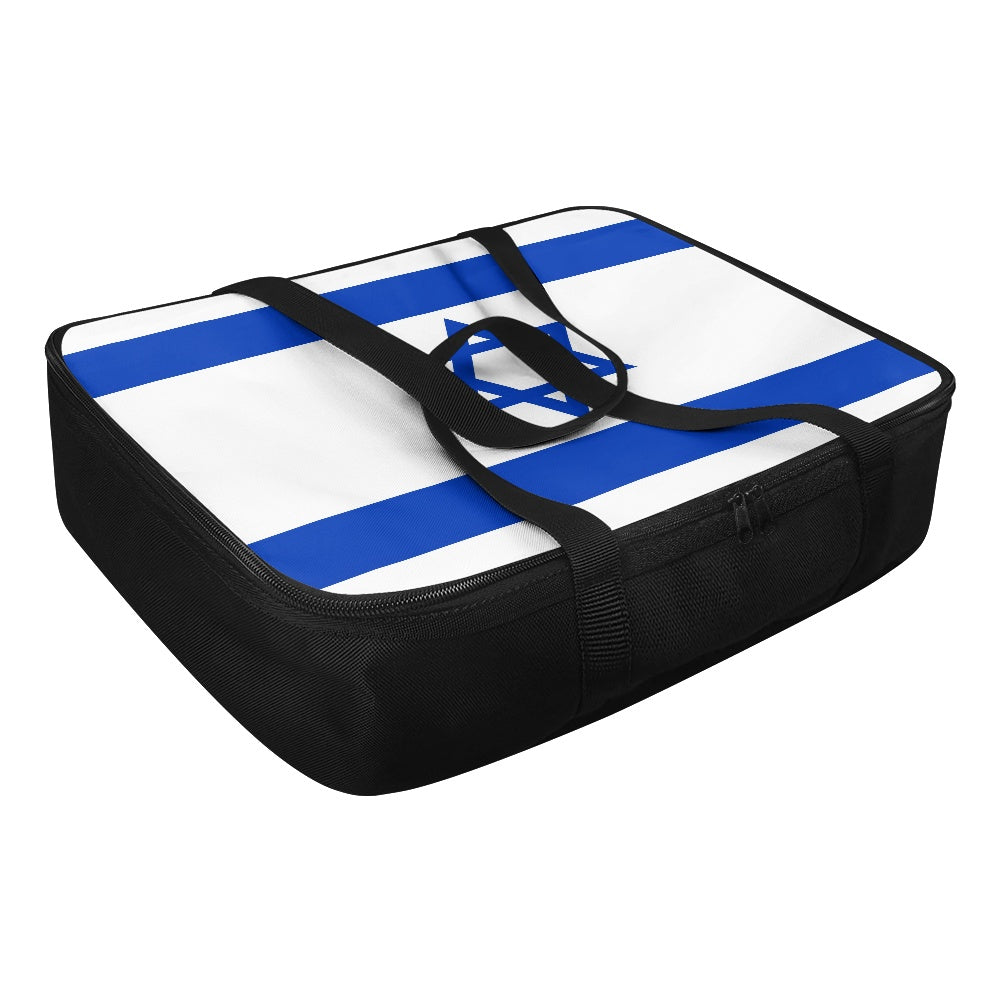 [Brand] bag with Israeli flag design, black trim, zippers.