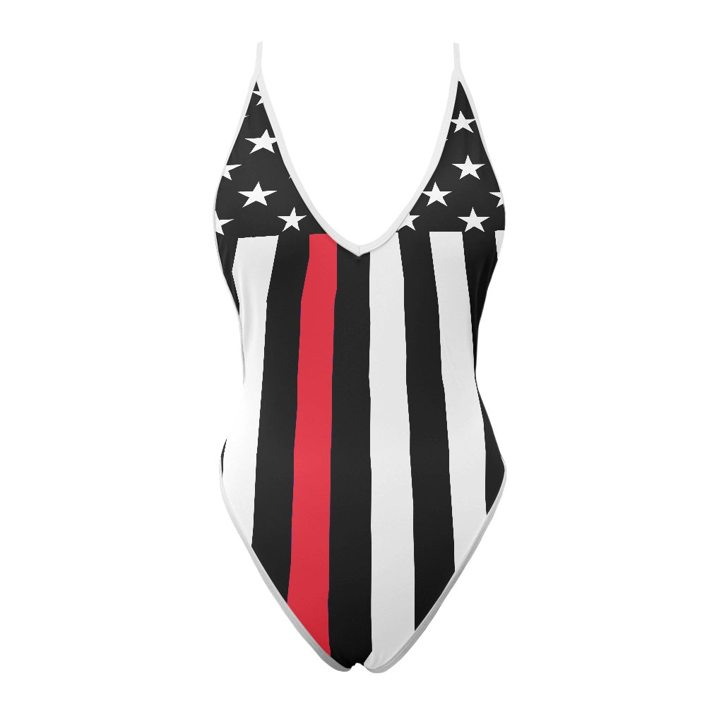 Thin Red Line Flag Inspired One-Piece Thong Swimsuit
