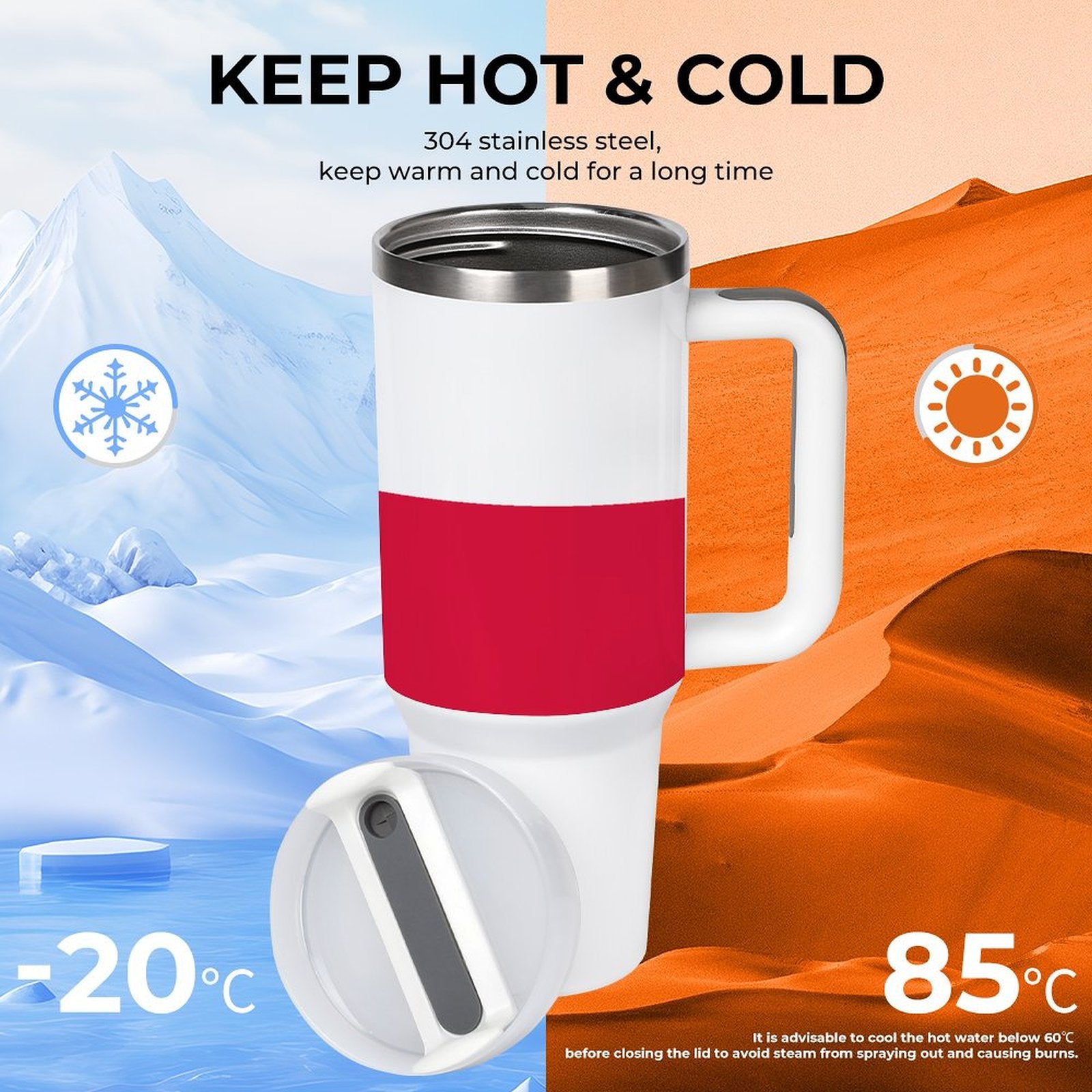 [Brand] thermos mug, keeps beverages hot or cold efficiently.