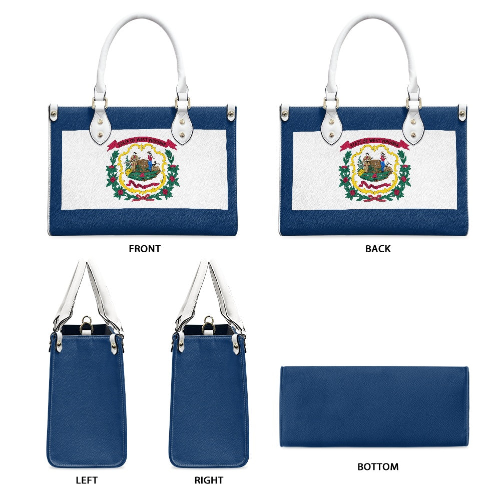 [Brand] handbag with West Virginia flag design, multiple views.