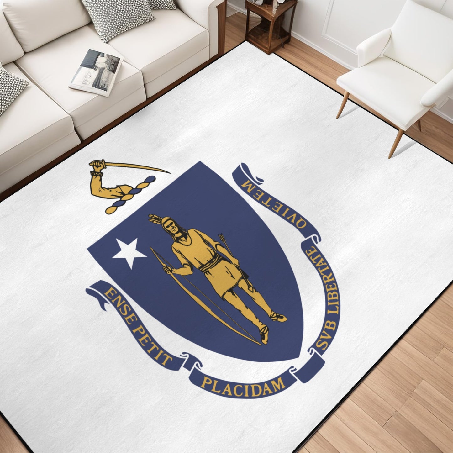 Massachusetts Flag Inspired 84x60 Inch Area Rug with Black Binding (Made in the USA)