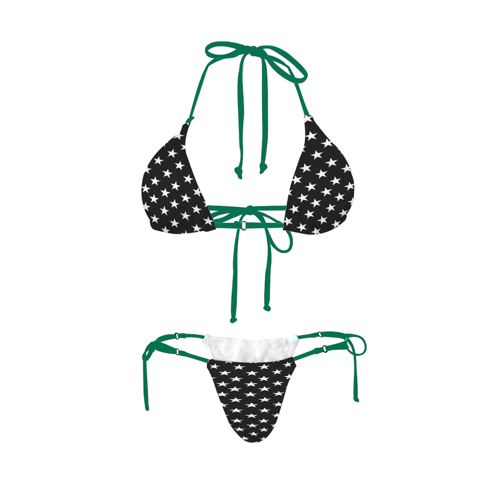 Luv My Flag star-patterned bikini with green strap detailing.
