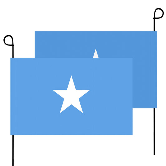 Two blue flags featuring white stars, Luv My Flag.