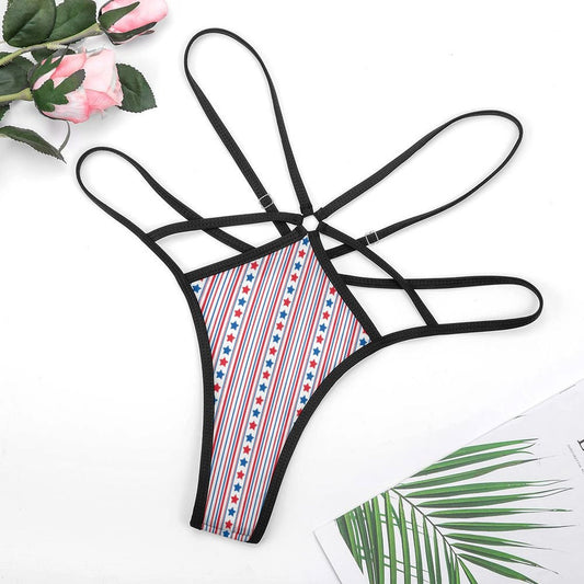 [Brand] striped star-patterned swimsuit with black strappy design.