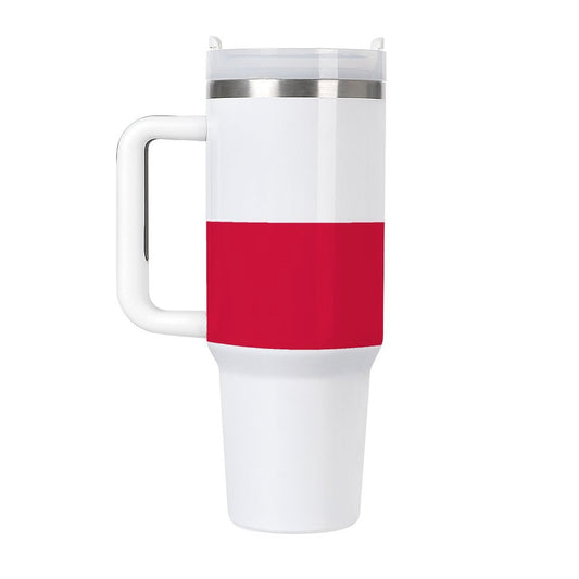 White and red travel mug with handle, [Brand] design.