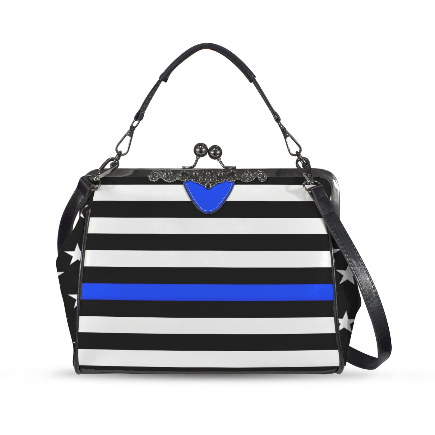 Thin Blue Line Flag Inspired Kisslock Crossbody Shoulder Bag