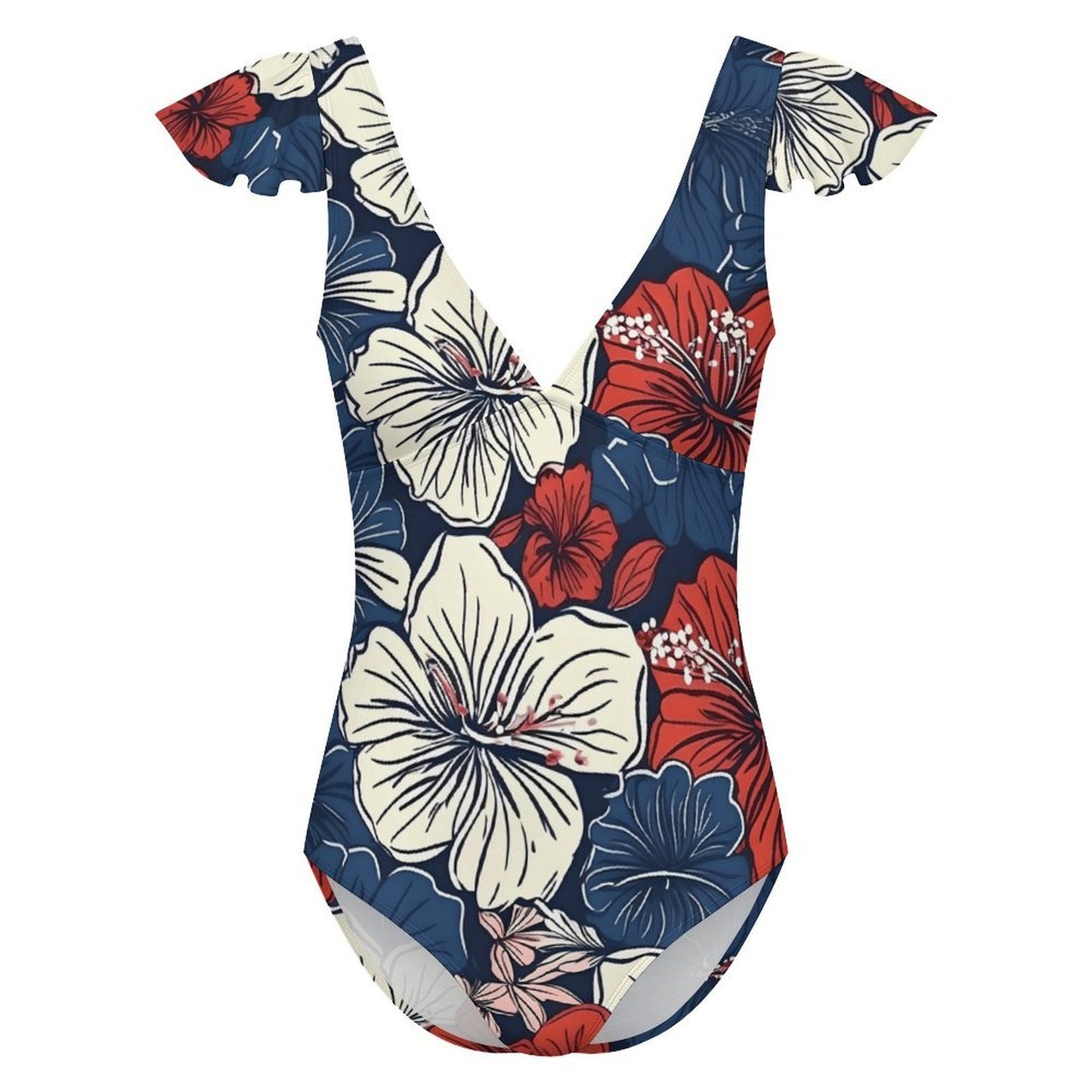 USA/American Flag Inspired Hawaiian Floral Pattern Women's V-neck Ruffle Sleeve One Piece Swimsuit