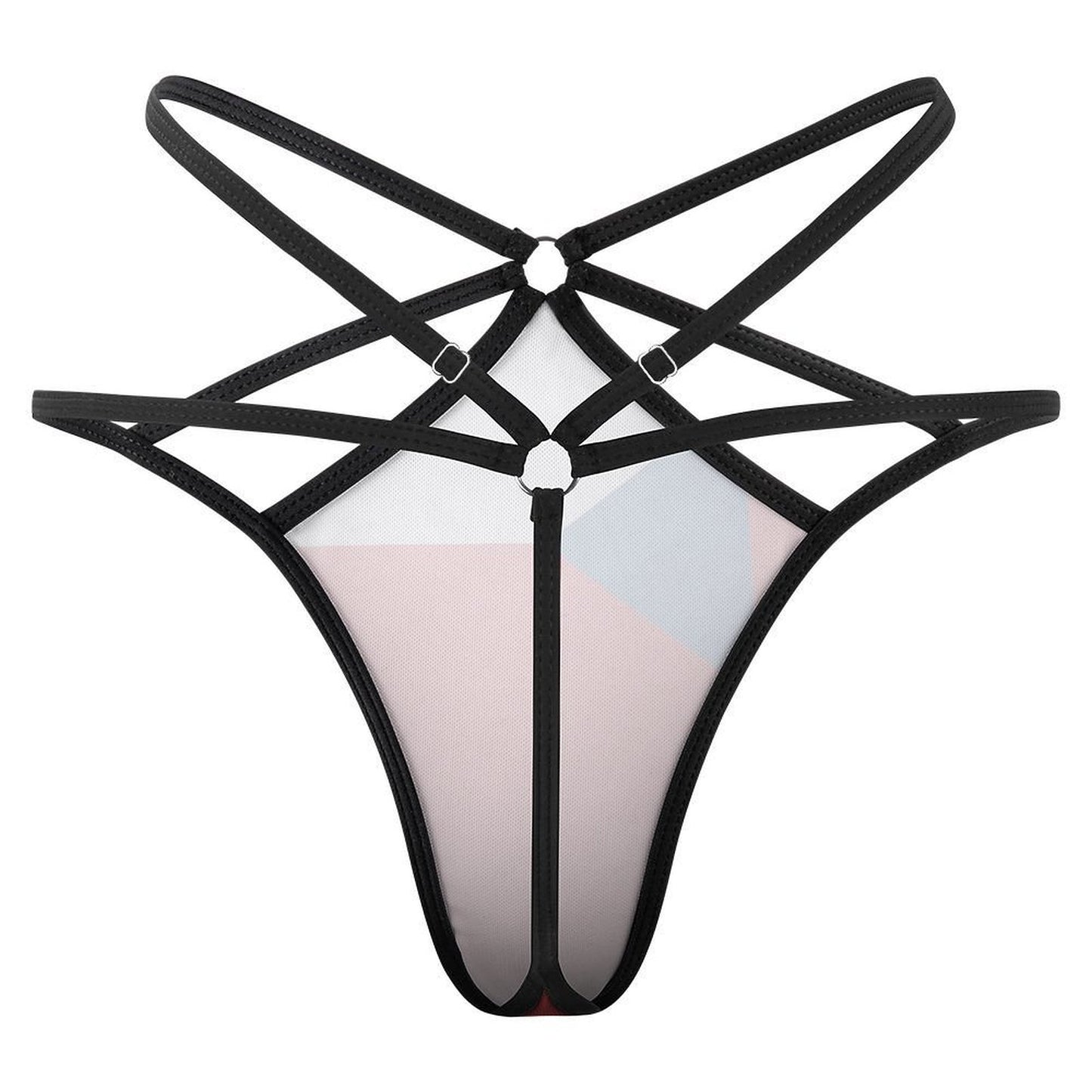[Brand] black strappy geometric swimsuit with a minimalist design.