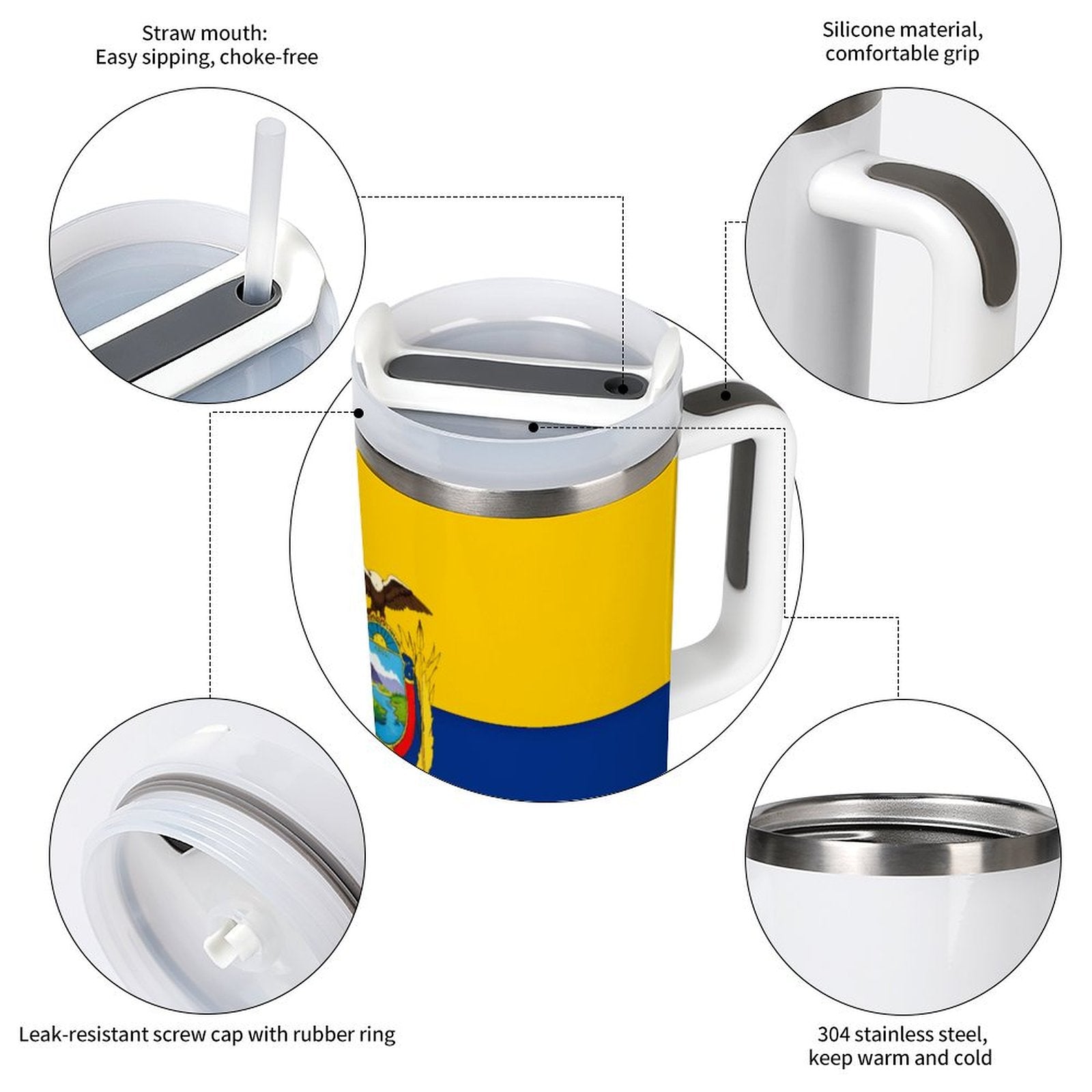 [Brand] travel mug with flag design and practical features highlighted.