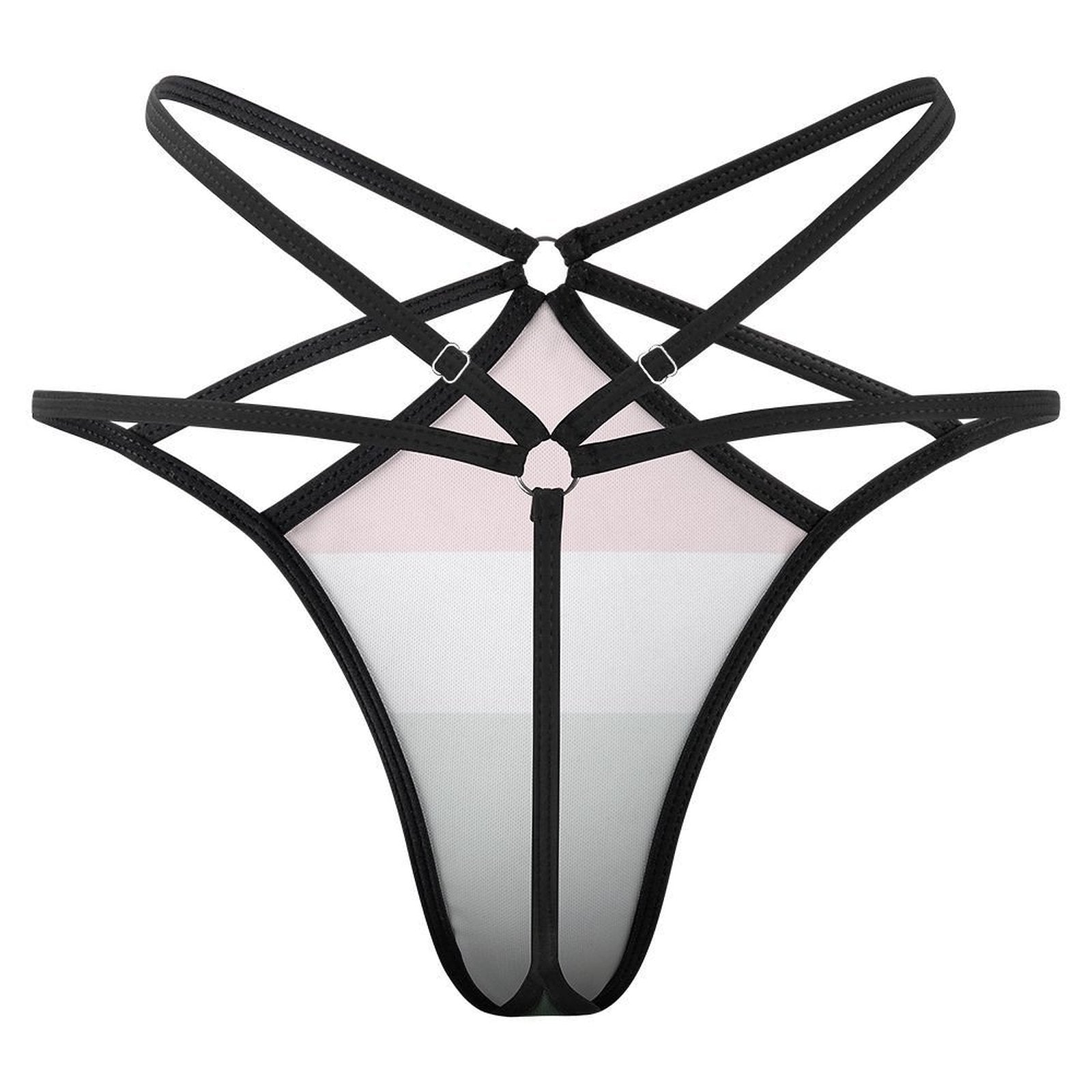 Black strappy thong with pink, gray lines, [Brand] design.