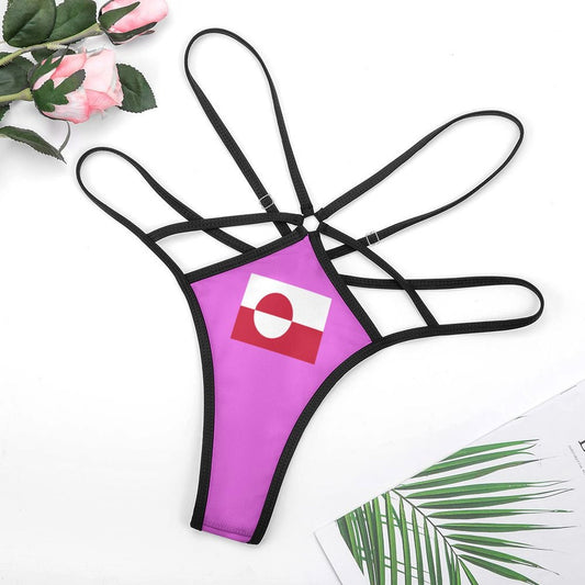 Purple thong with Greenland flag design; black straps. [Brand]