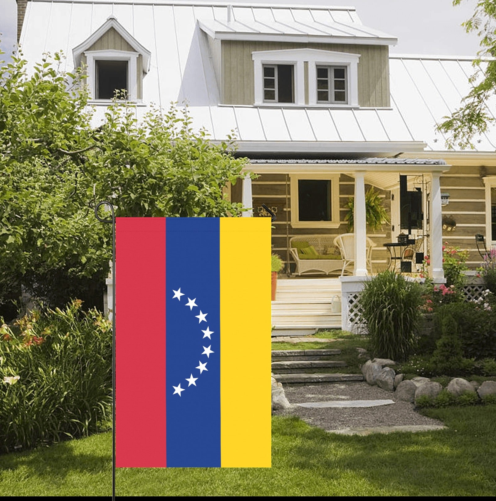 House with Luv My Flag, Venezuelan flag in garden.
