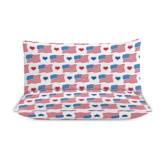 USA/American Flag Inspired Flag and Hearts Pattern 3-Piece Bedding Set (1 Duvet Cover + 2 Pillow Shams) – 102"×90"