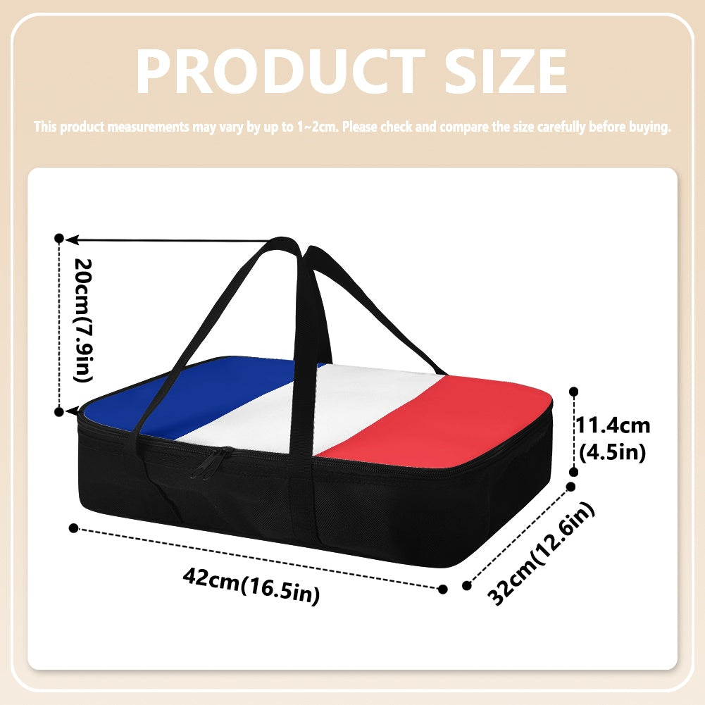 [Brand] insulated bag with French flag design and measurements.