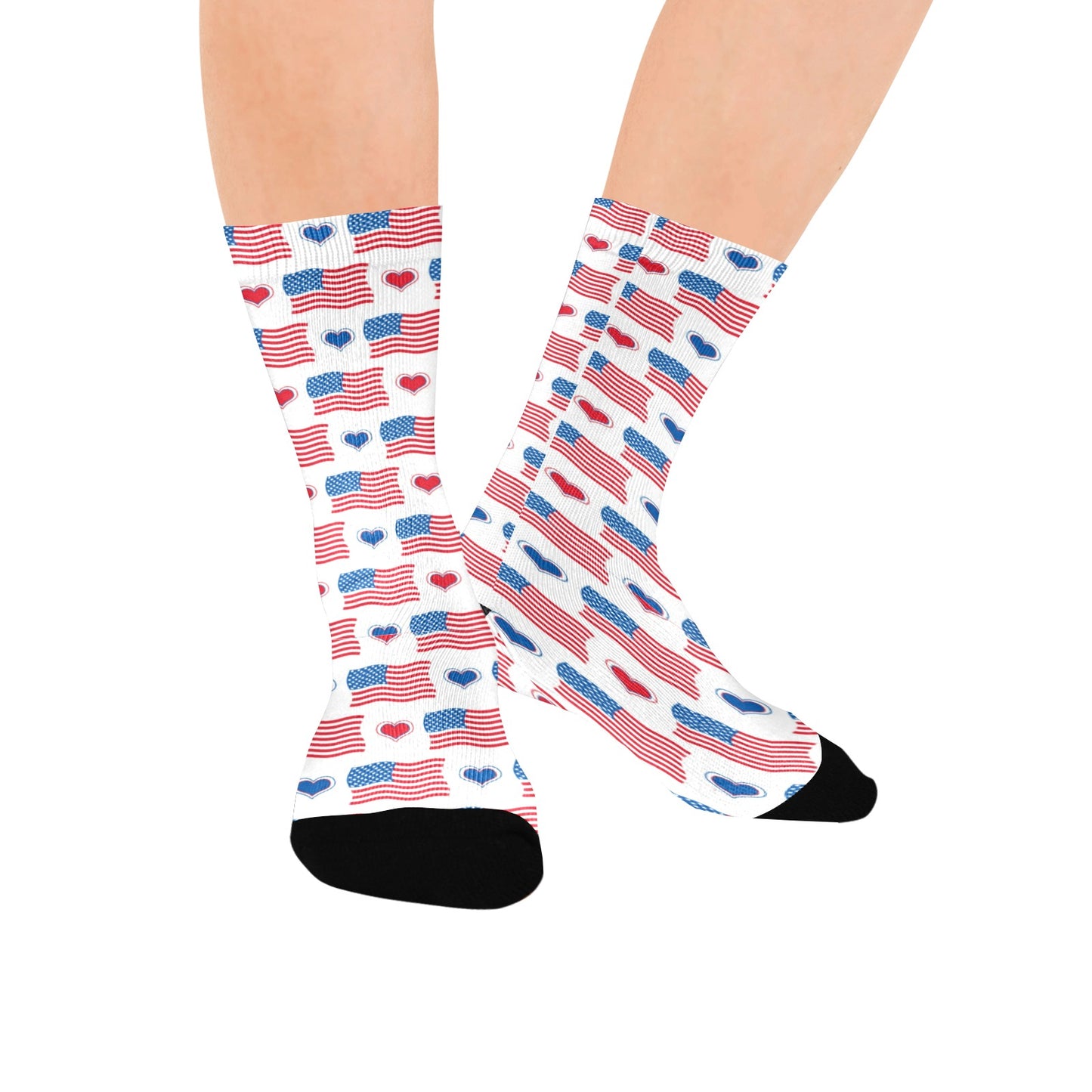 USA/American Flag Inspired Flags and Hearts Pattern Women’s Custom Socks Made in the USA