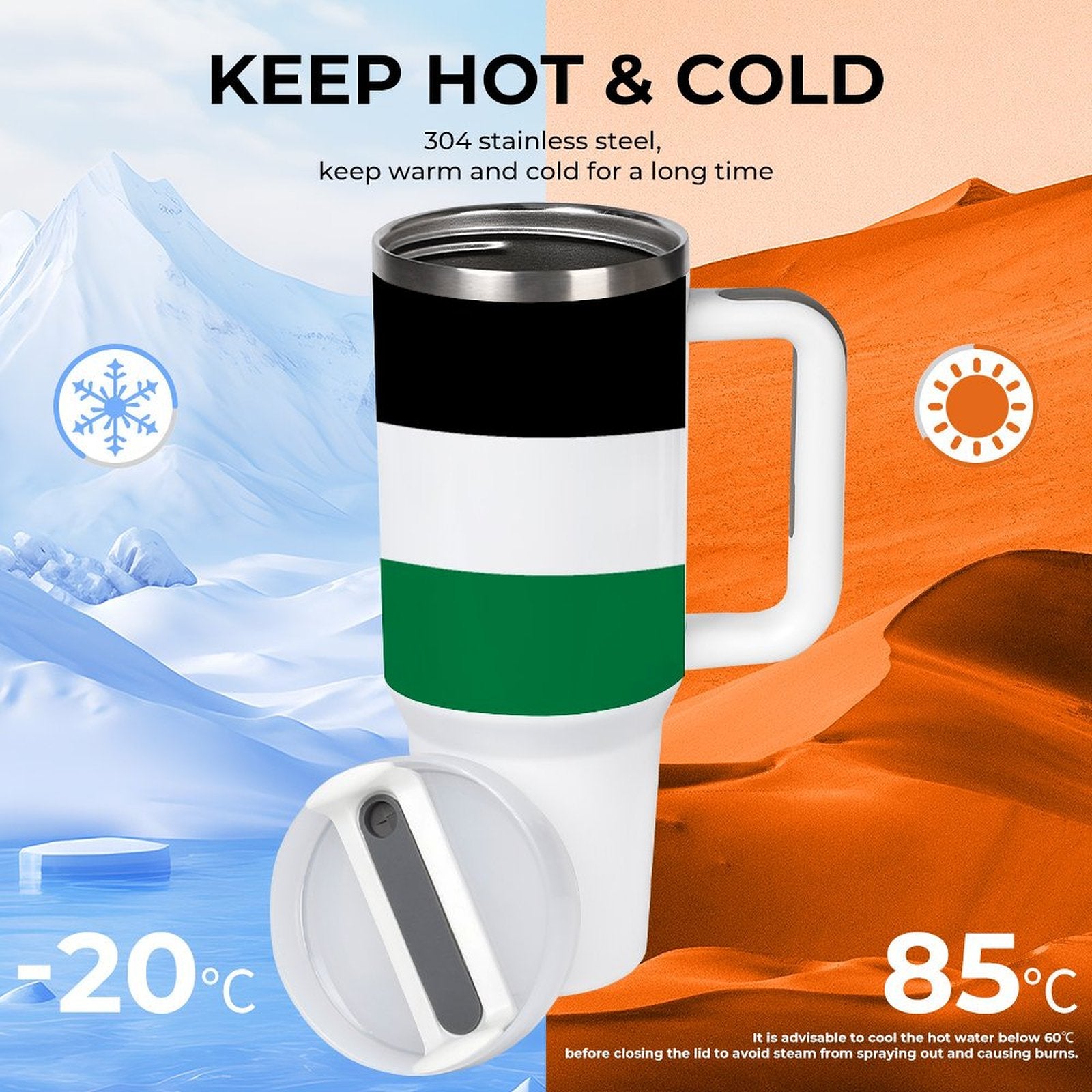 [Brand] insulated tumbler, keeps drinks hot or cold efficiently.