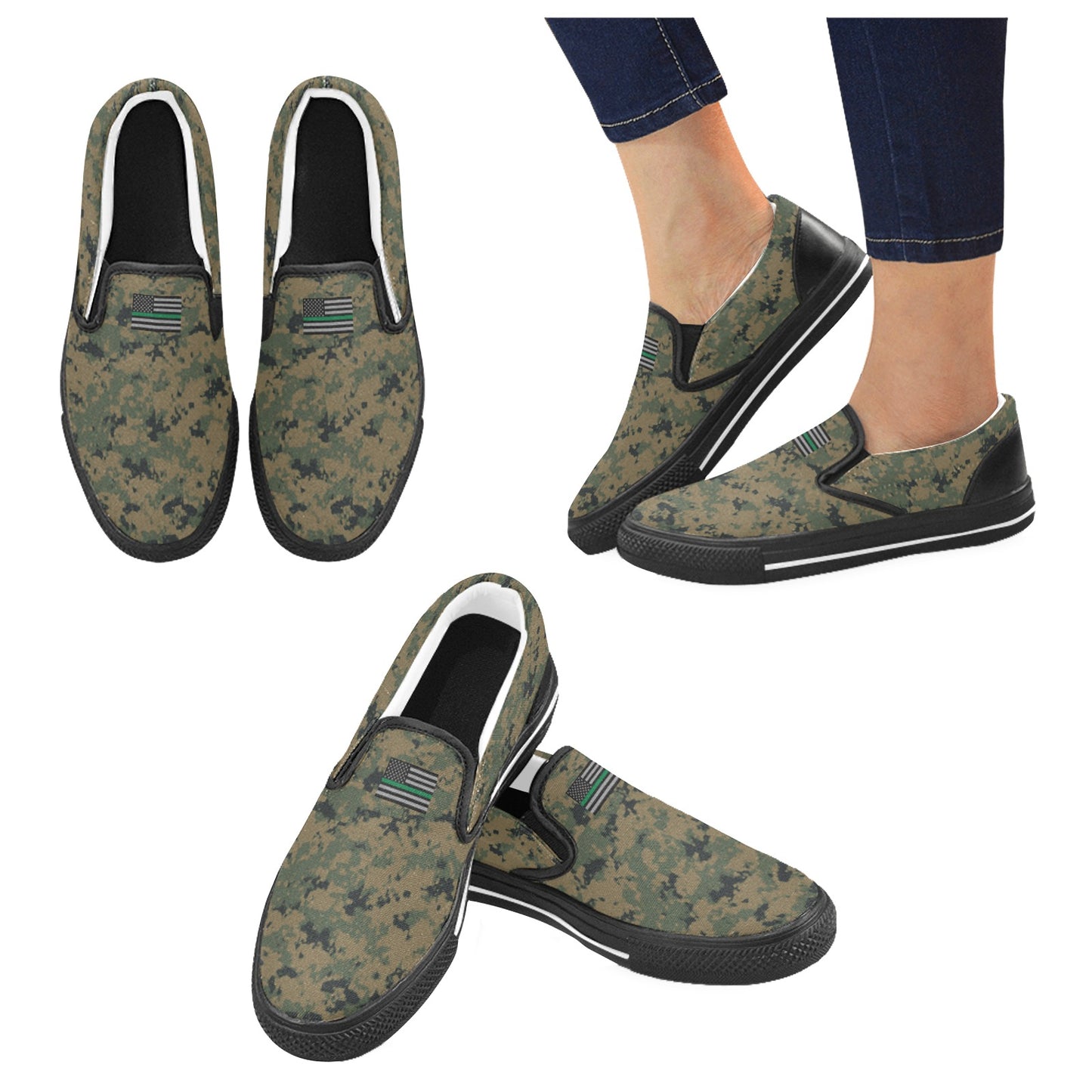 Thin Green Line Flag Subdued on Digital Camo Slip-on Canvas Men's Shoes (Model019)(Two Shoes With Different Printing)