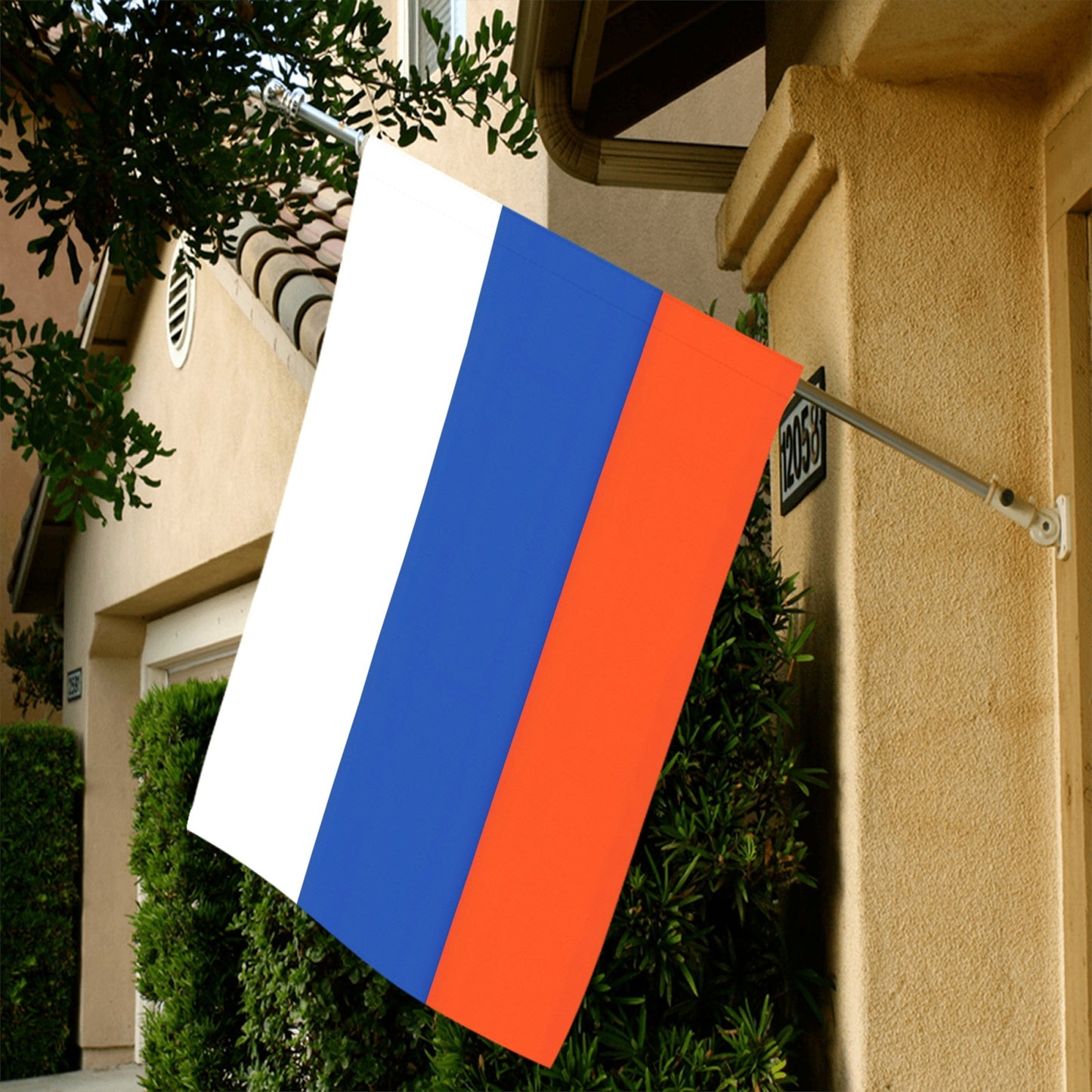 [Luv My Flag] Russian flag hanging outside beige house.