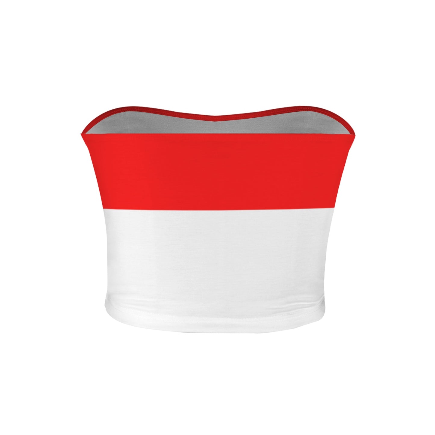 Red and white tube top from [Brand] with contrast trim.