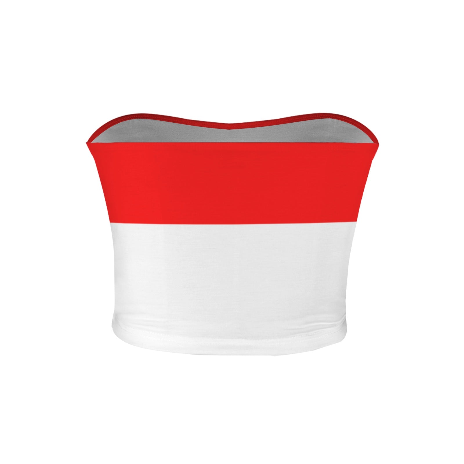 Red and white tube top from [Brand] with contrast trim.